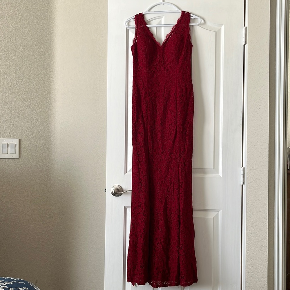 Brand New Red Lace Floor-Length Evening Gown